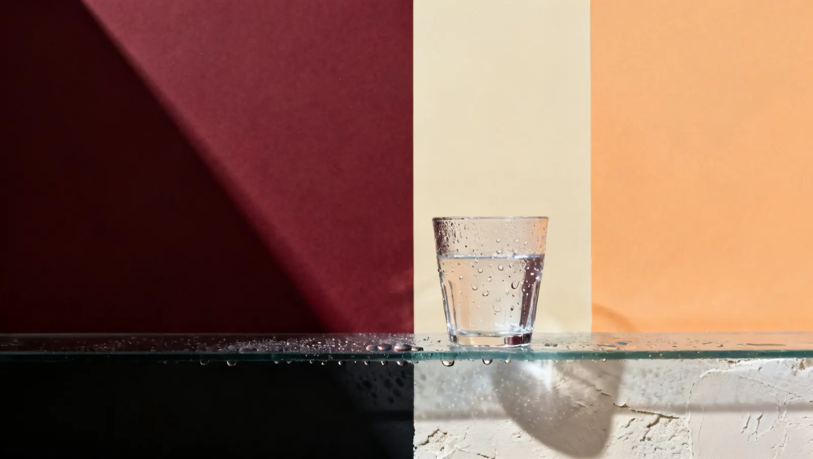 Natureza-morta em luz lateral dura: gotas de agua suspensas e condensacao fria em gotas sobre vidro, sobre fundo vinho e creme