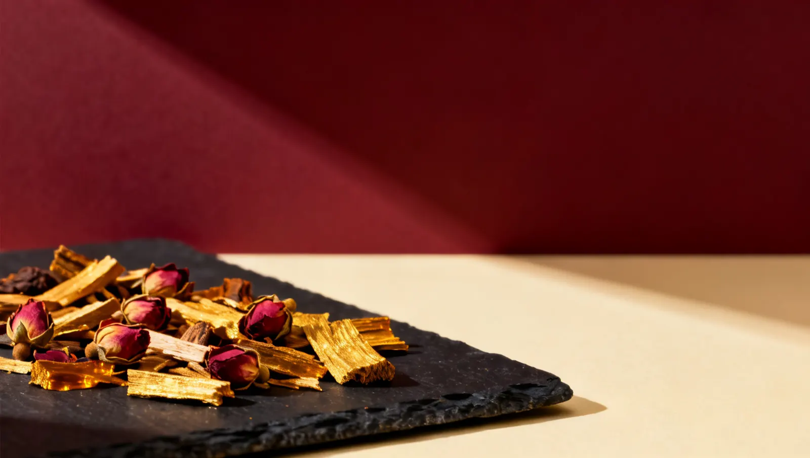 Natureza-morta em luz lateral dura: botoes de rosa secos espalhados e lascas de madeira de oud, sobre fundo vinho e creme
