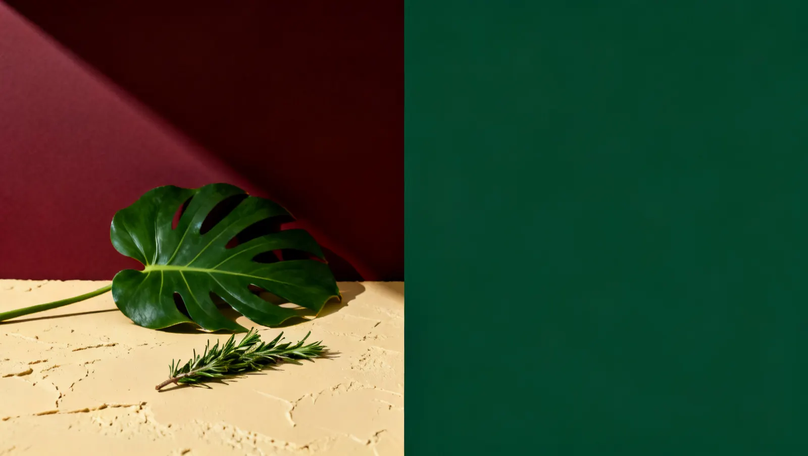 Natureza-morta em luz lateral dura: uma folha tropical grande e um ramo de ervas frescas, sobre fundo vinho e creme