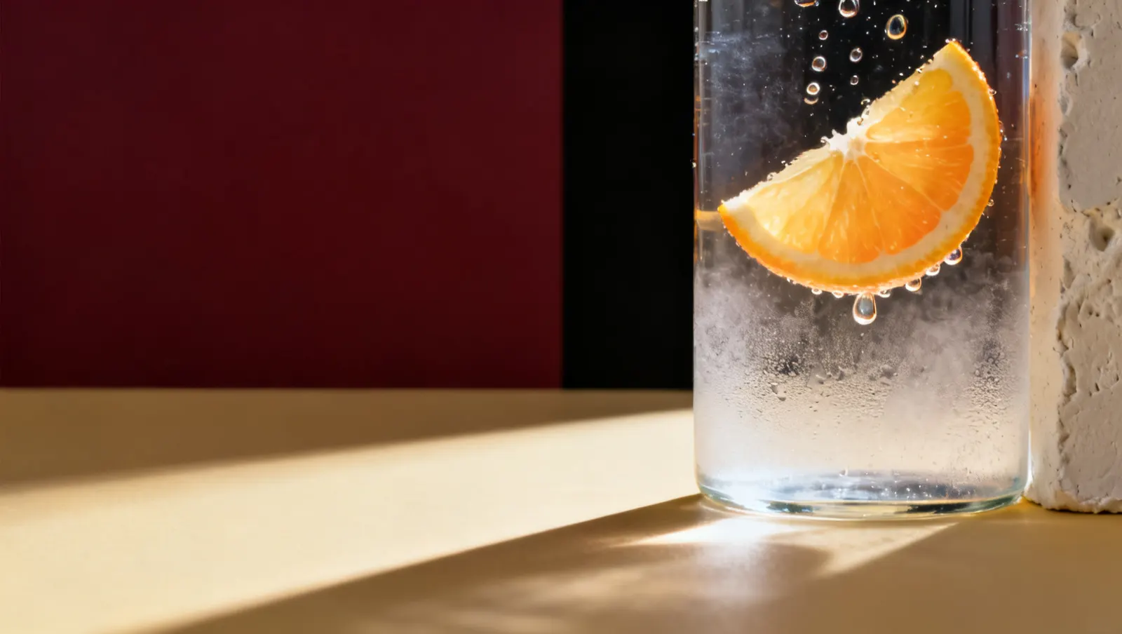 Natureza-morta em luz lateral dura: uma rodela de citrico contra a luz e gotas de agua suspensas, sobre fundo vinho e creme