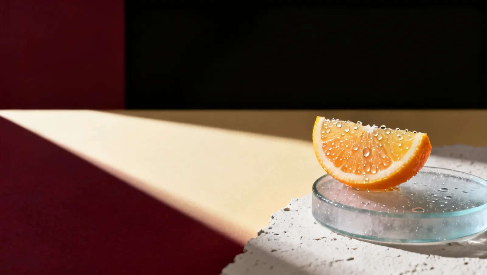 Natureza-morta em luz lateral dura: uma rodela de citrico contra a luz e condensacao fria em gotas sobre vidro, sobre fundo vinho e creme