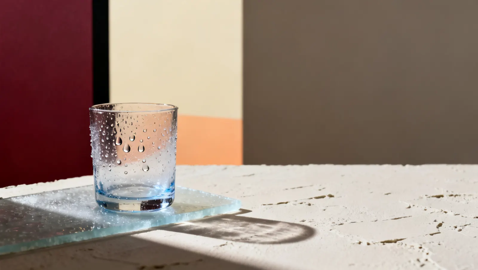 Natureza-morta em luz lateral dura: gotas de agua suspensas e condensacao fria em gotas sobre vidro, sobre fundo vinho e creme