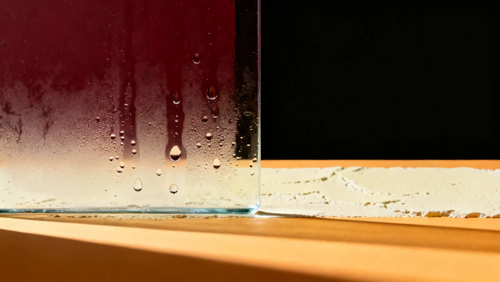 Natureza-morta em luz lateral dura: gotas de agua suspensas, sobre fundo vinho e creme