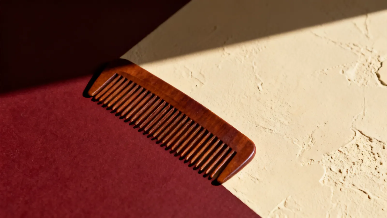 Natureza-morta em luz lateral dura: um pente de dentes largos, sobre fundo vinho e creme