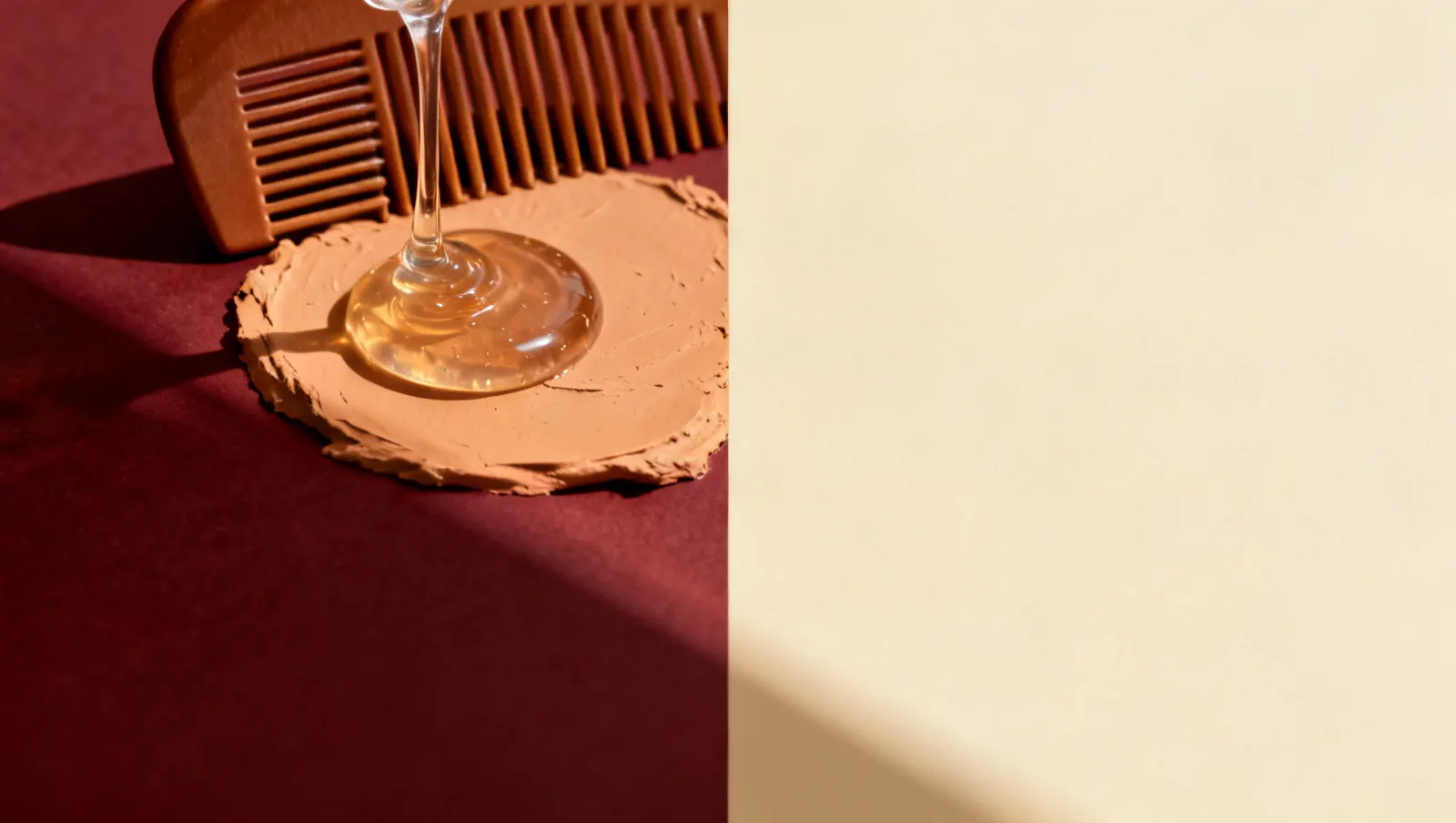 Natureza-morta em luz lateral dura: um pente de dentes largos e um fio de gel transparente espesso, sobre fundo vinho e creme