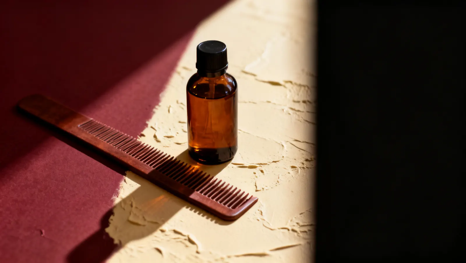 Natureza-morta em luz lateral dura: um pente de dentes largos e um frasco de vidro ambar sem rotulo, sobre fundo vinho e creme