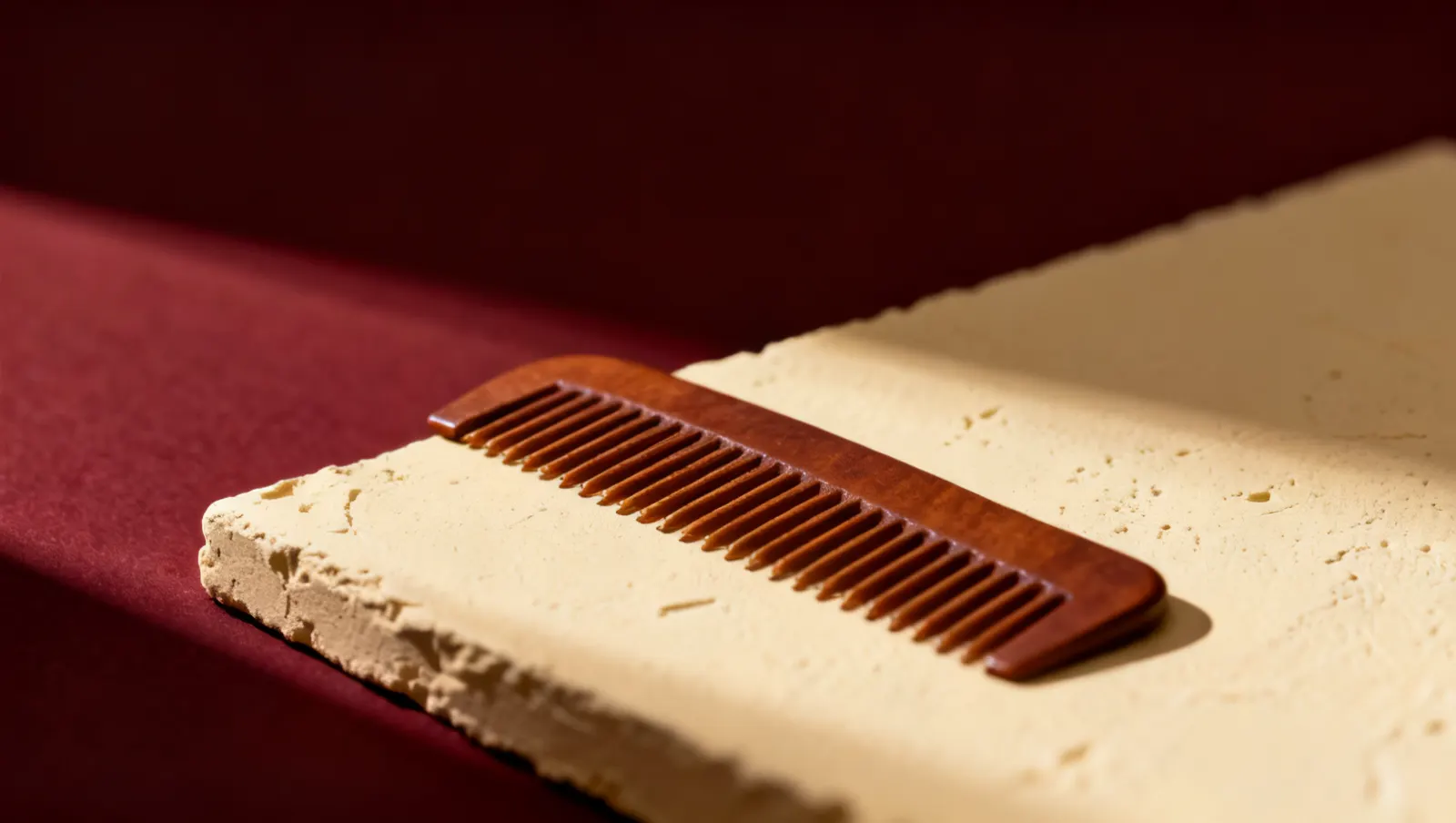 Natureza-morta em luz lateral dura: um pente de dentes largos, sobre fundo vinho e creme