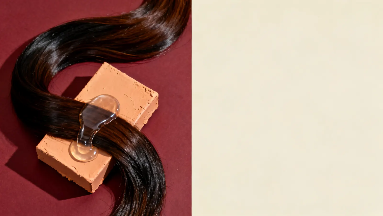 Natureza-morta em luz lateral dura: uma mecha longa de cabelo escuro brilhante em curva e um fio de gel transparente espesso, sobre fundo vinho e creme