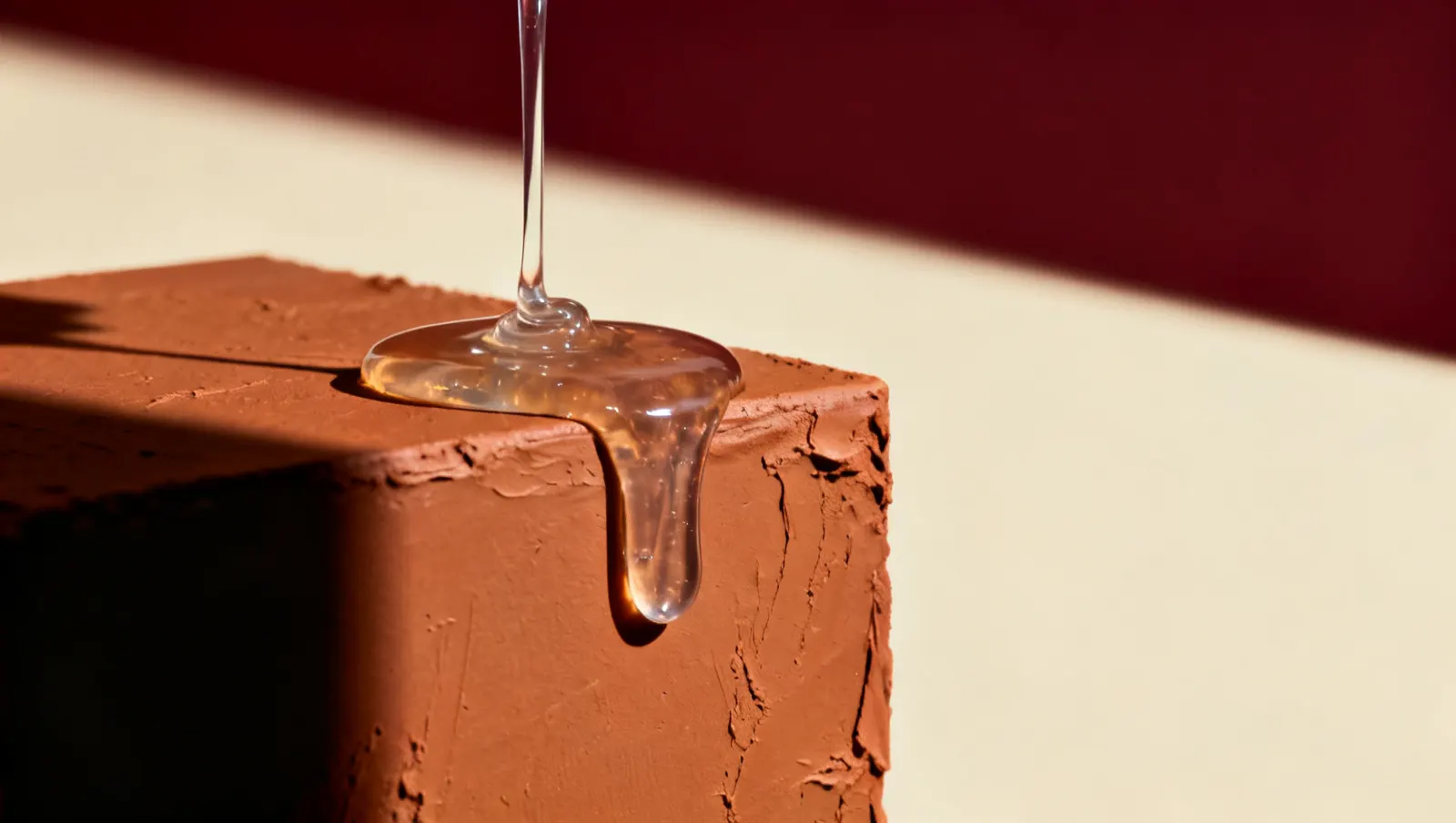 Natureza-morta em luz lateral dura: um fio de gel transparente espesso, sobre fundo vinho e creme