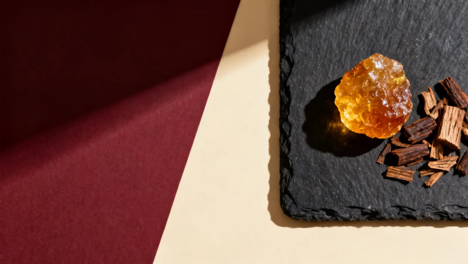 Natureza-morta em luz lateral dura: um bloco de resina de ambar dourado e lascas de madeira de oud, sobre fundo vinho e creme
