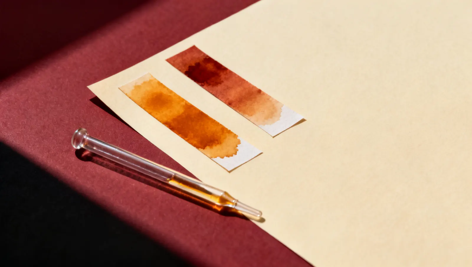 Natureza-morta em luz lateral dura: tiras estreitas de papel, uma manchada de ambar e uma pipeta de vidro lisa, sobre fundo vinho e creme