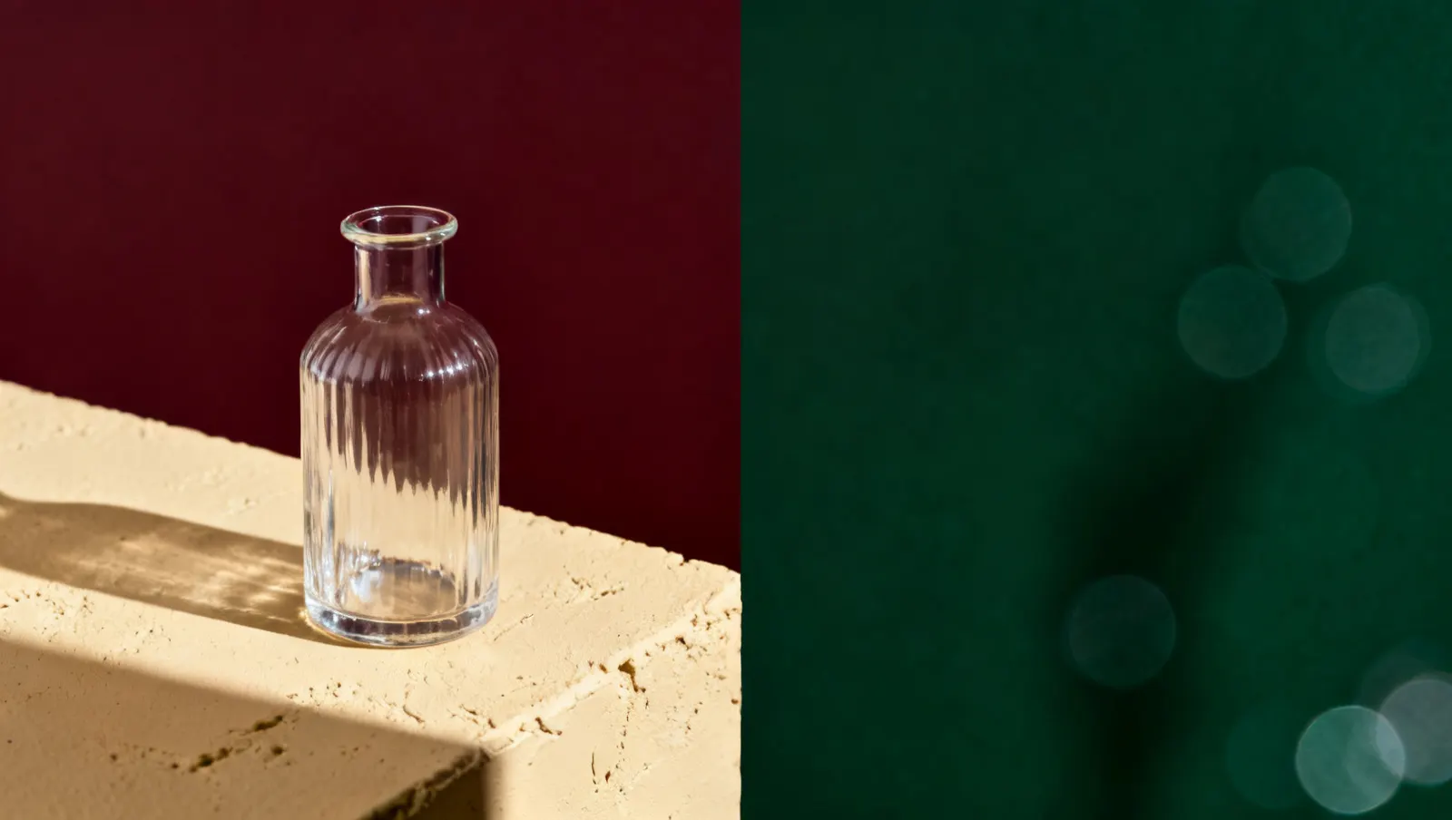 Natureza-morta em luz lateral dura: um recipiente de vidro sem rotulo, sobre fundo vinho e creme