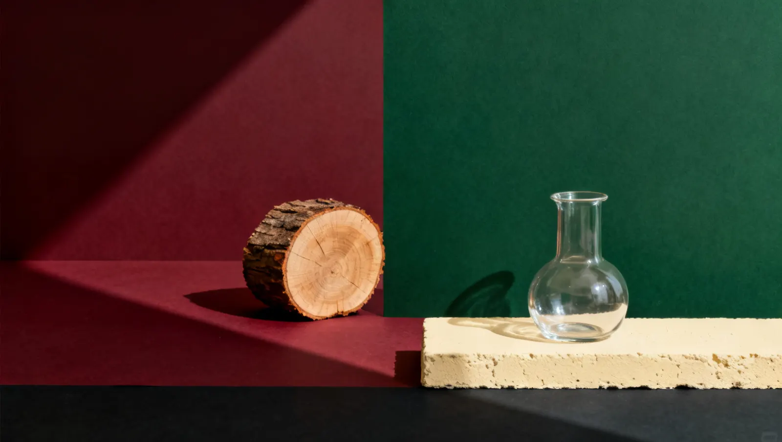 Natureza-morta em luz lateral dura: um corte de madeira bruta e um recipiente de vidro sem rotulo, sobre fundo vinho e creme