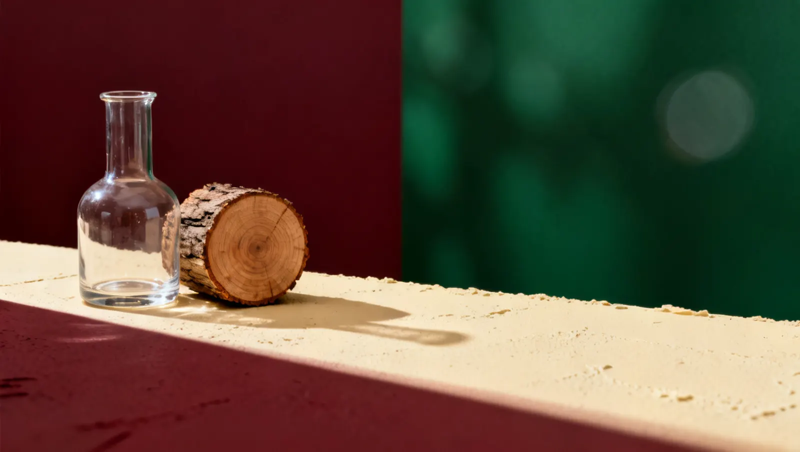 Natureza-morta em luz lateral dura: um recipiente de vidro sem rotulo e um corte de madeira bruta, sobre fundo vinho e creme
