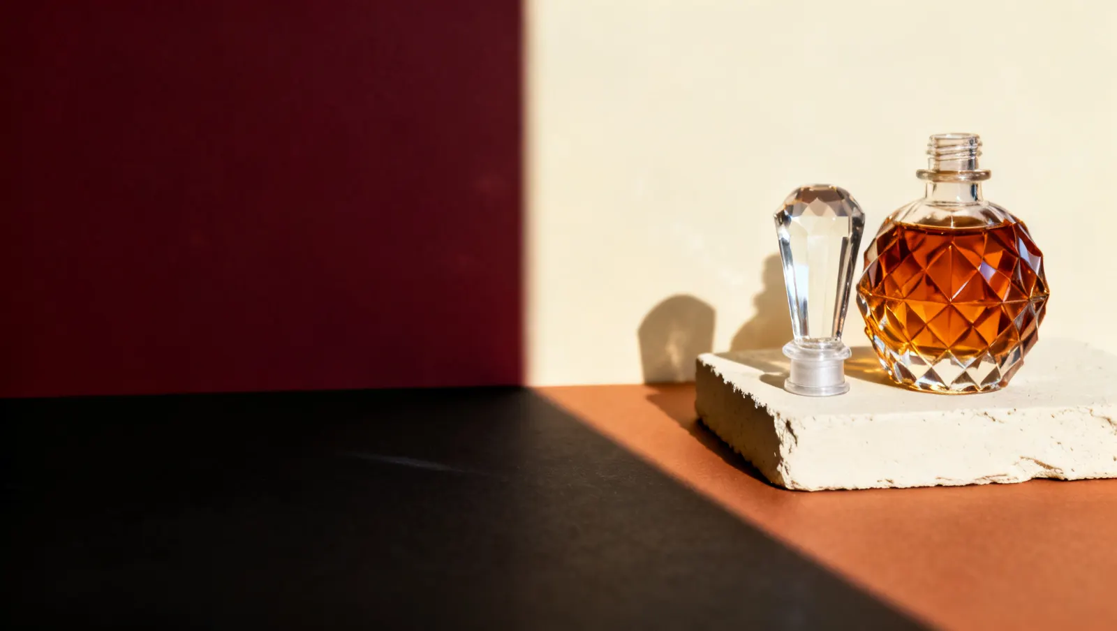 Natureza-morta em luz lateral dura: uma tampa pesada de vidro transparente e um frasco de cristal facetado sem rotulo, sobre fundo vinho e creme