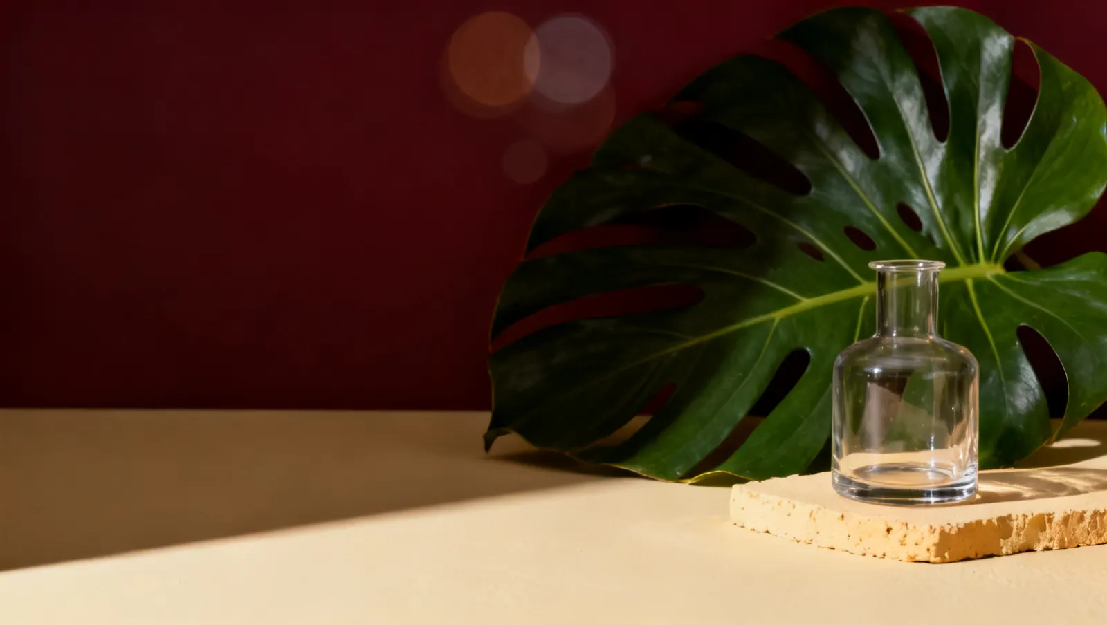 Natureza-morta em luz lateral dura: uma folha tropical grande e um recipiente de vidro sem rotulo, sobre fundo vinho e creme