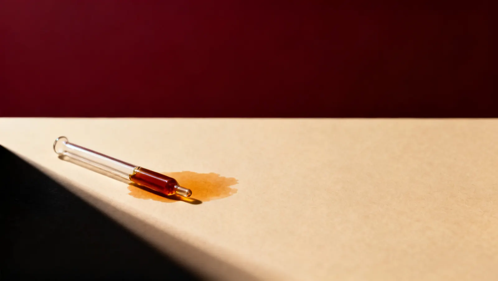 Natureza-morta em luz lateral dura: uma pipeta de vidro lisa, sobre fundo vinho e creme