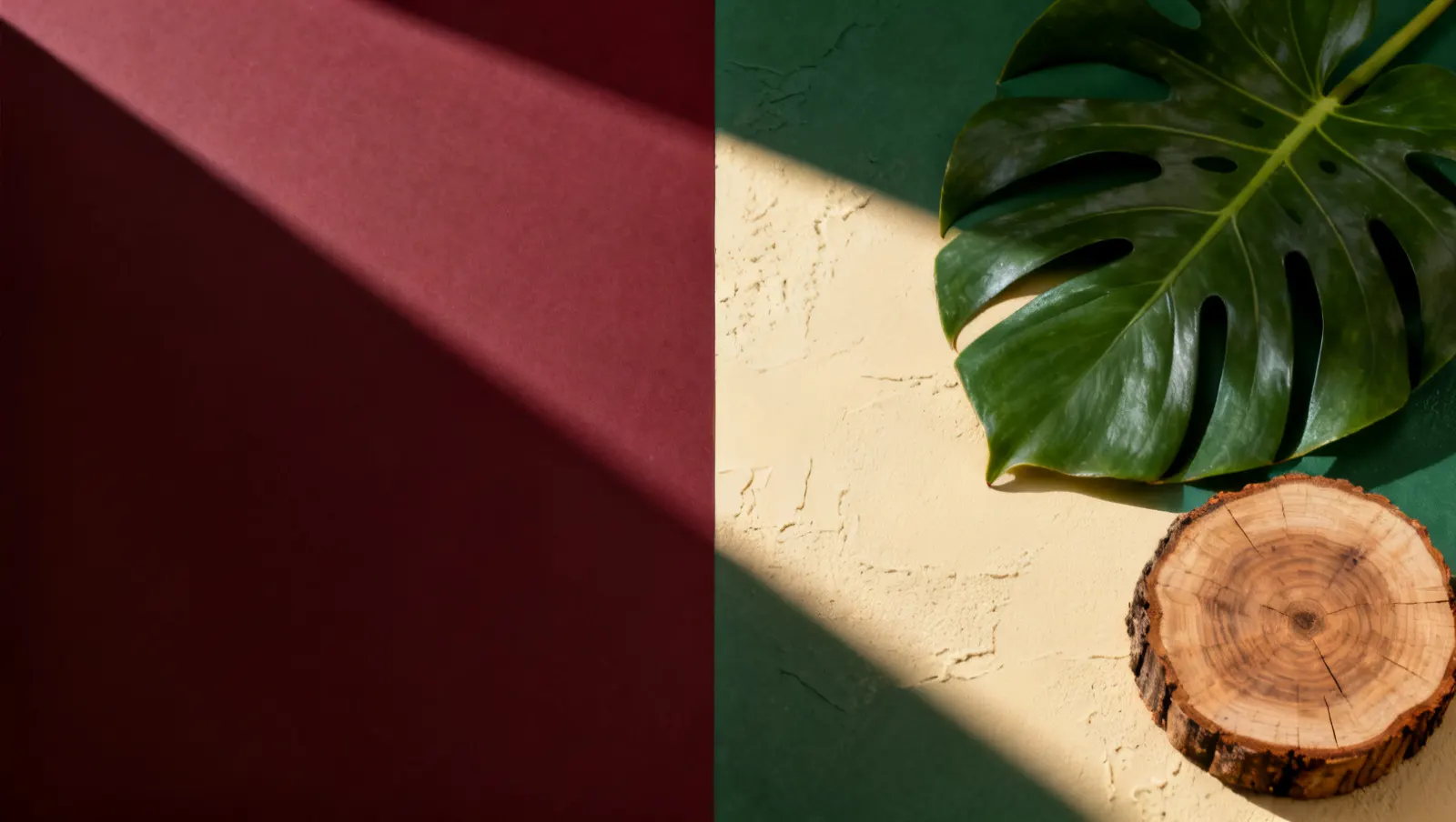 Natureza-morta em luz lateral dura: uma folha tropical grande e um corte de madeira bruta, sobre fundo vinho e creme