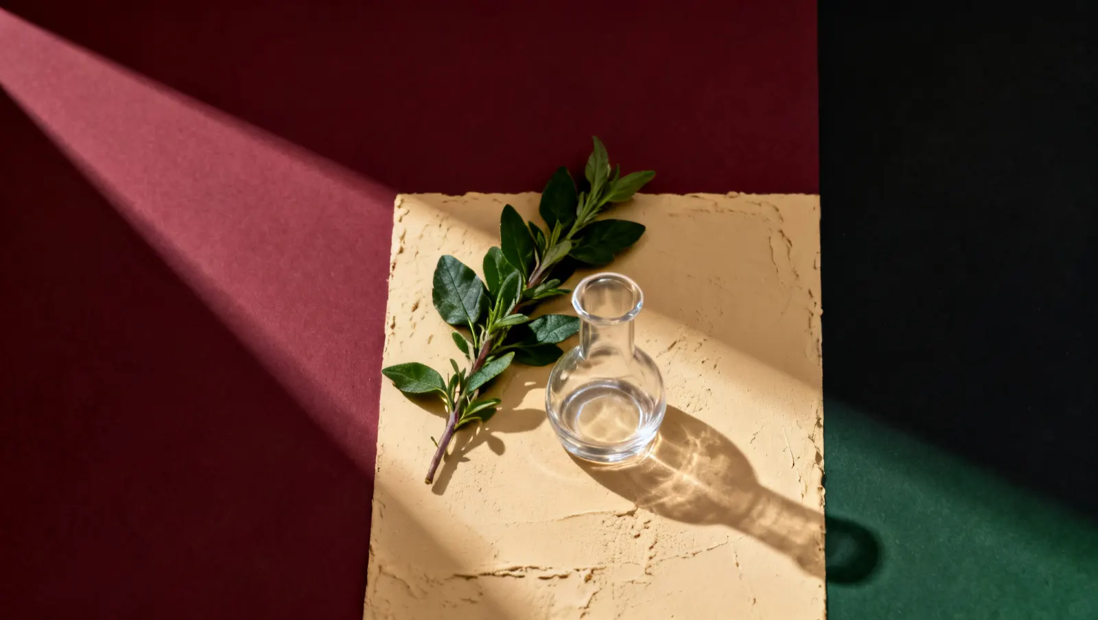 Natureza-morta em luz lateral dura: um ramo de ervas frescas e um recipiente de vidro sem rotulo, sobre fundo vinho e creme