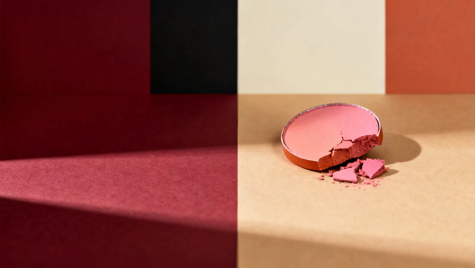Natureza-morta em luz lateral dura: um po compacto quebrado, sobre fundo vinho e creme