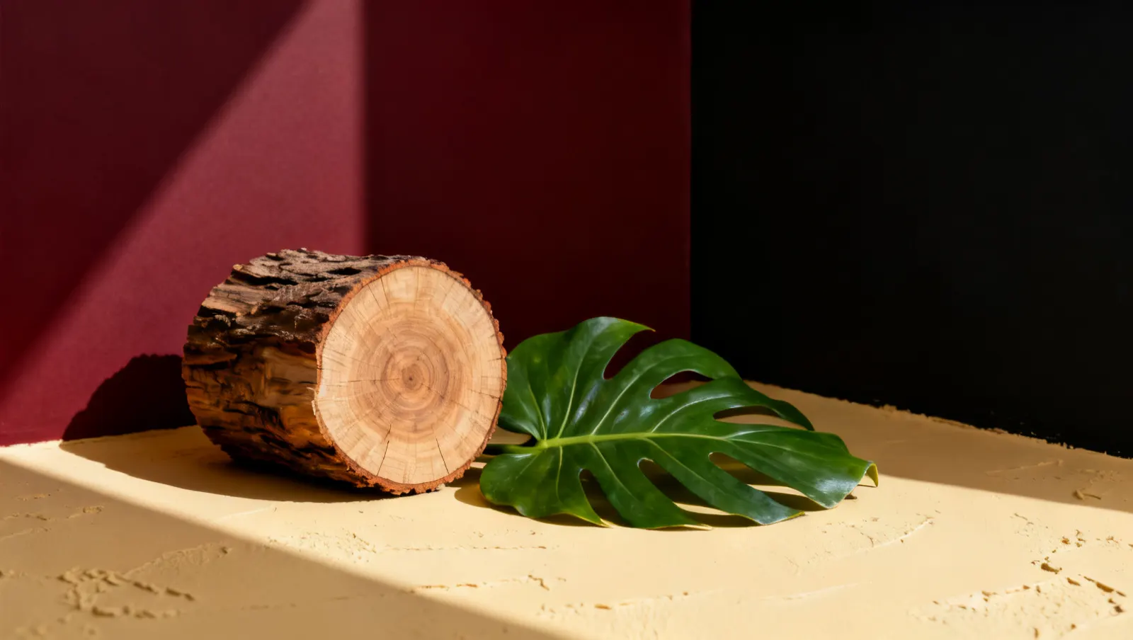 Natureza-morta em luz lateral dura: um corte de madeira bruta e uma folha tropical grande, sobre fundo vinho e creme