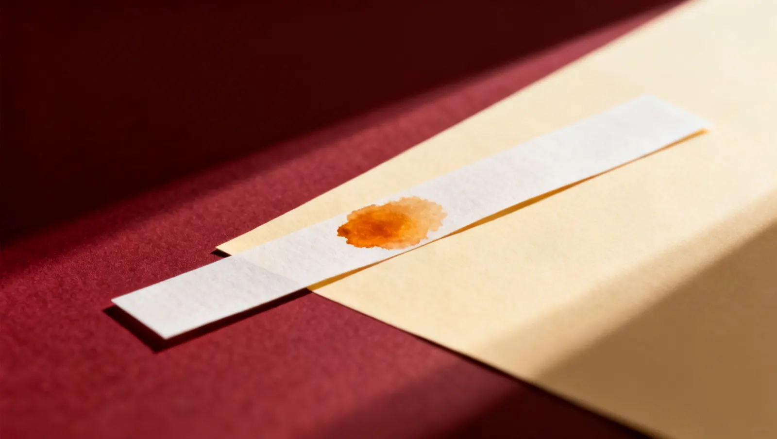 Natureza-morta em luz lateral dura: tiras estreitas de papel, uma manchada de ambar, sobre fundo vinho e creme