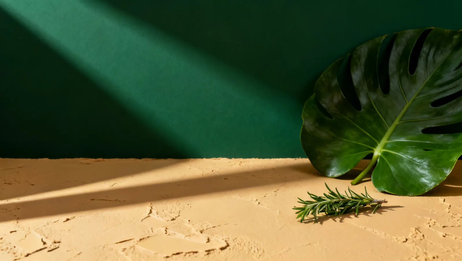 Natureza-morta em luz lateral dura: uma folha tropical grande e um ramo de ervas frescas, sobre fundo vinho e creme