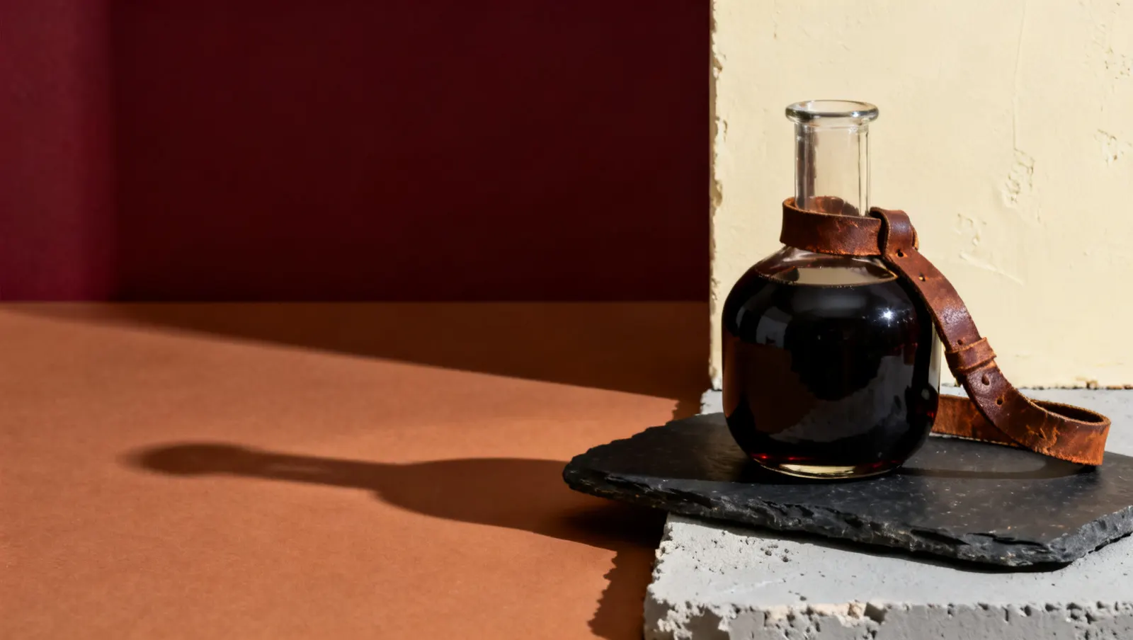 Natureza-morta em luz lateral dura: um recipiente pesado de vidro com liquido escuro e uma tira de couro gasta, sobre fundo vinho e creme