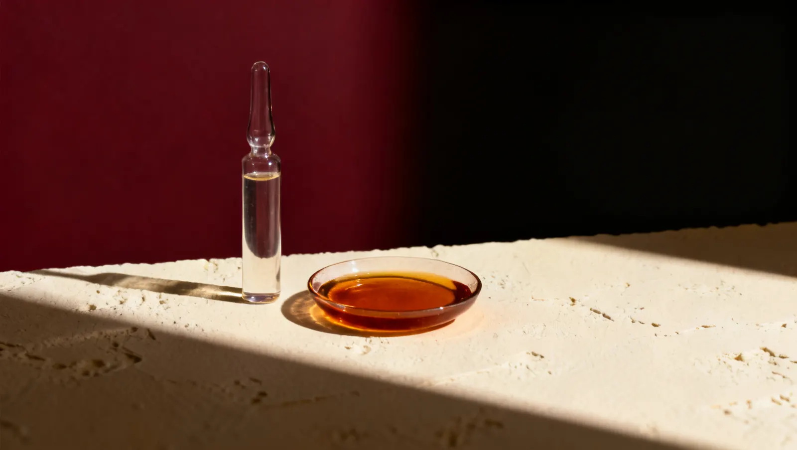 Natureza-morta em luz lateral dura: um frasco alto de vidro transparente e um prato raso com liquido ambar, sobre fundo vinho e creme