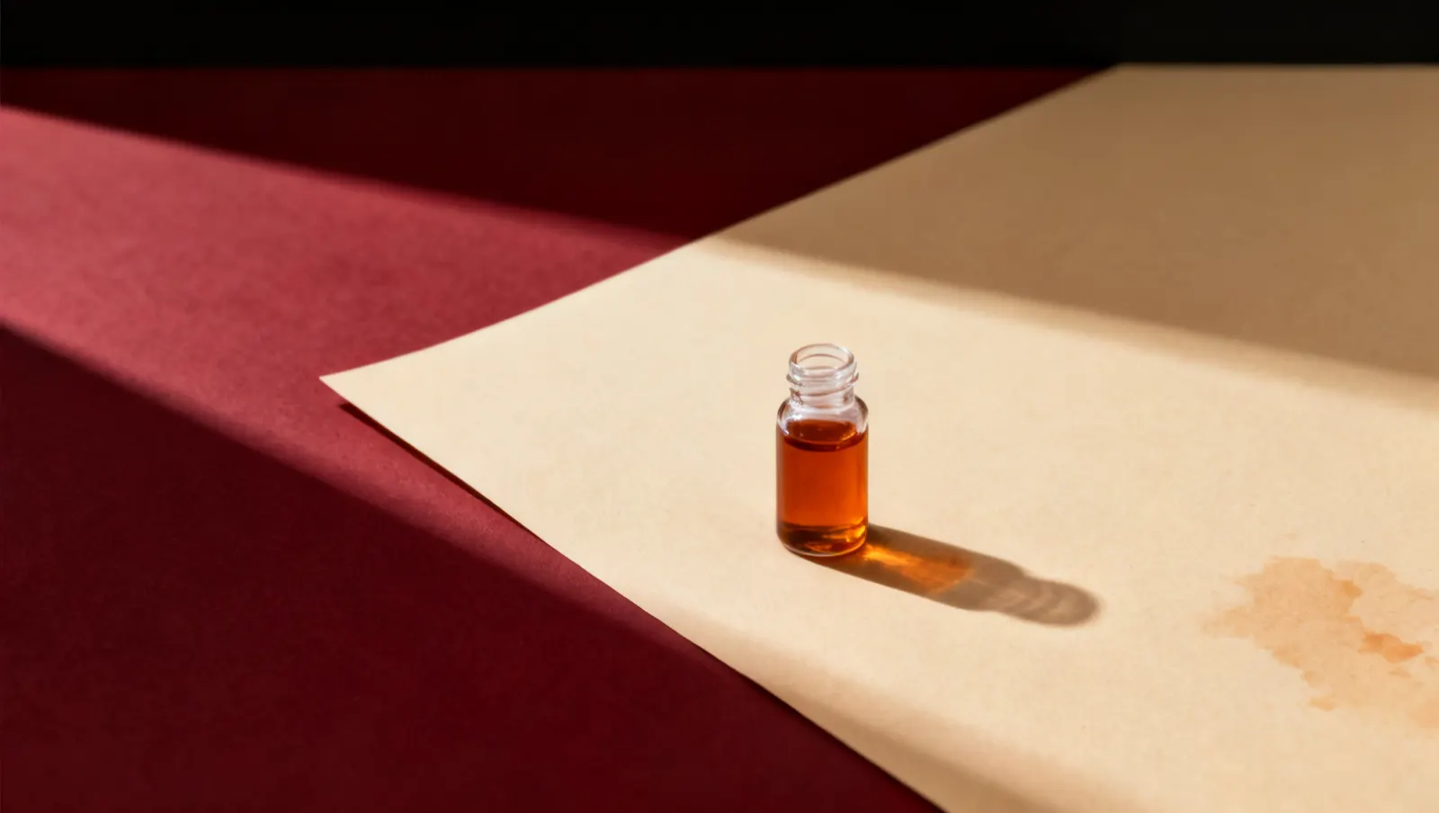 Natureza-morta em luz lateral dura: um frasco pequeno de vidro transparente, sobre fundo vinho e creme