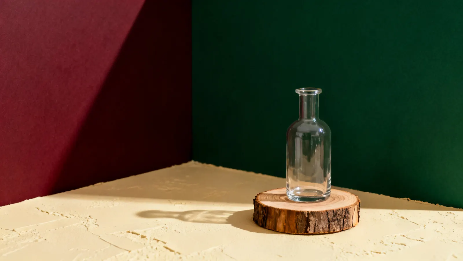 Natureza-morta em luz lateral dura: um corte de madeira bruta e um recipiente de vidro sem rotulo, sobre fundo vinho e creme