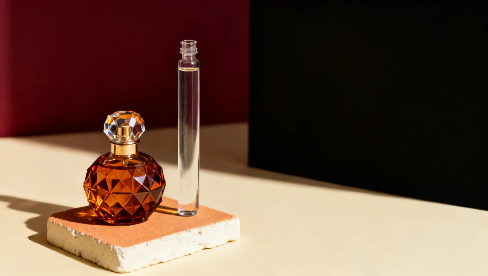 Natureza-morta em luz lateral dura: um frasco de cristal facetado sem rotulo e um frasco alto de vidro transparente, sobre fundo vinho e creme