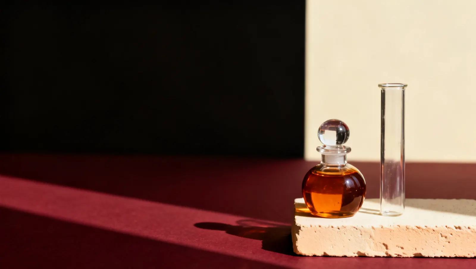 Natureza-morta em luz lateral dura: uma tampa pesada de vidro transparente e um frasco alto de vidro transparente, sobre fundo vinho e creme
