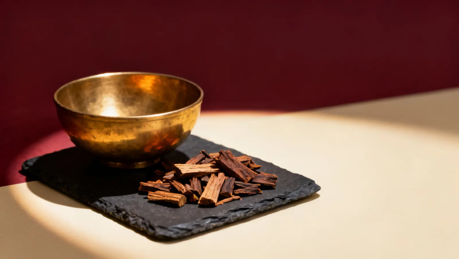 Natureza-morta em luz lateral dura: uma tigela lisa de latao e lascas de madeira de oud, sobre fundo vinho e creme