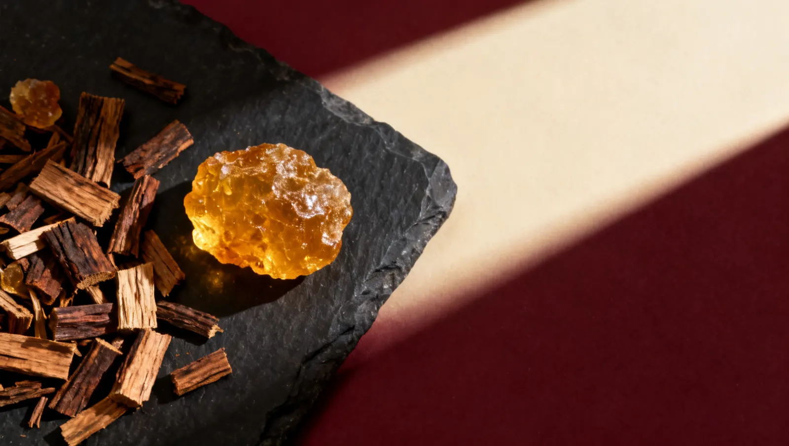 Natureza-morta em luz lateral dura: lascas de madeira de oud e um bloco de resina de ambar dourado, sobre fundo vinho e creme
