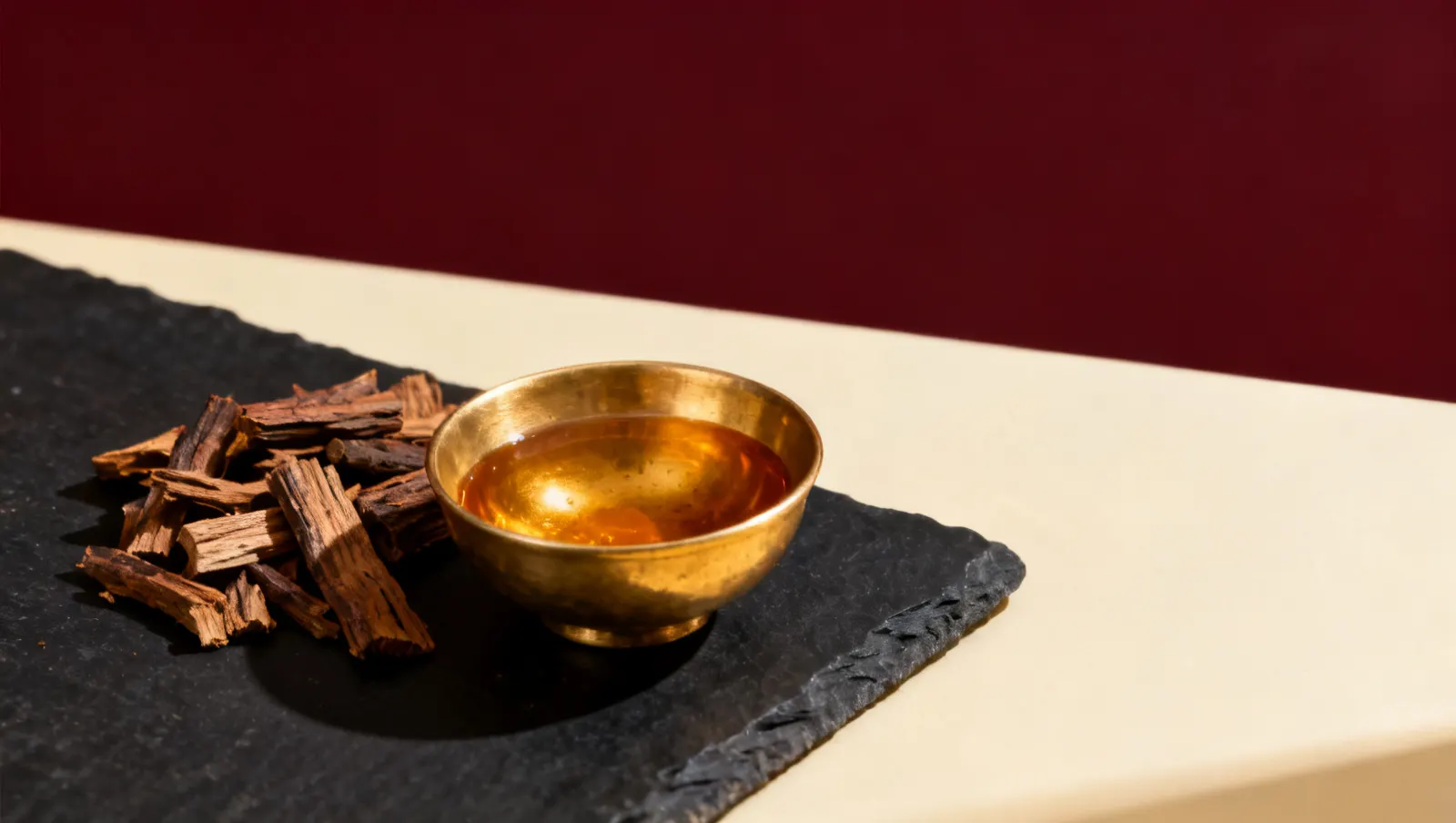 Natureza-morta em luz lateral dura: lascas de madeira de oud e uma tigela lisa de latao, sobre fundo vinho e creme