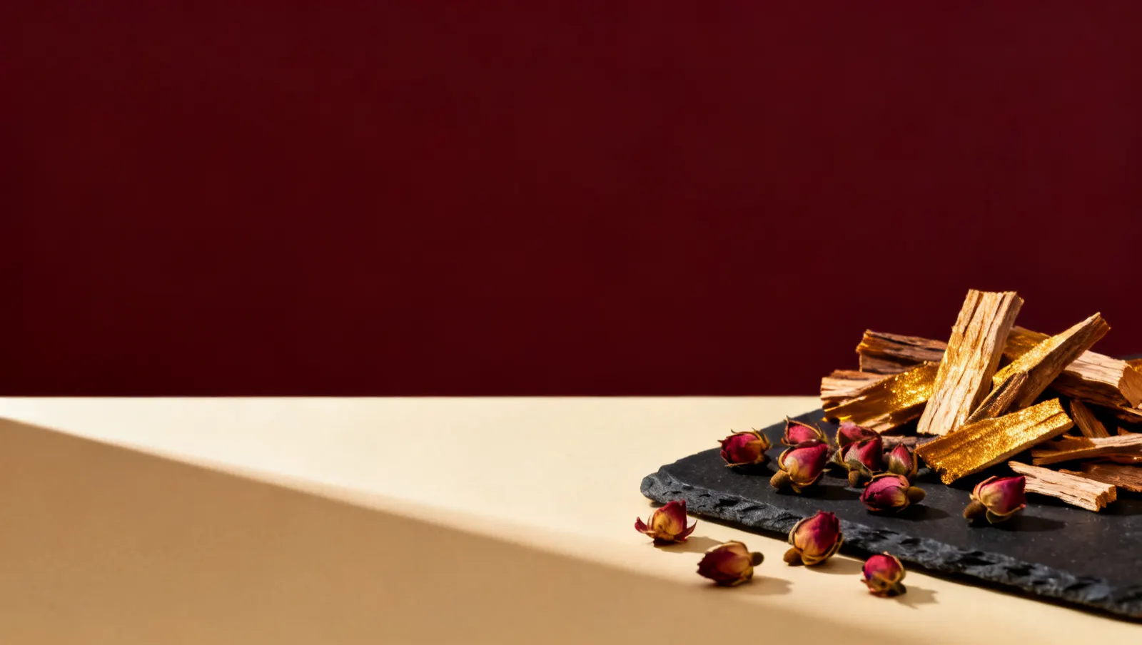Natureza-morta em luz lateral dura: lascas de madeira de oud e botoes de rosa secos espalhados, sobre fundo vinho e creme