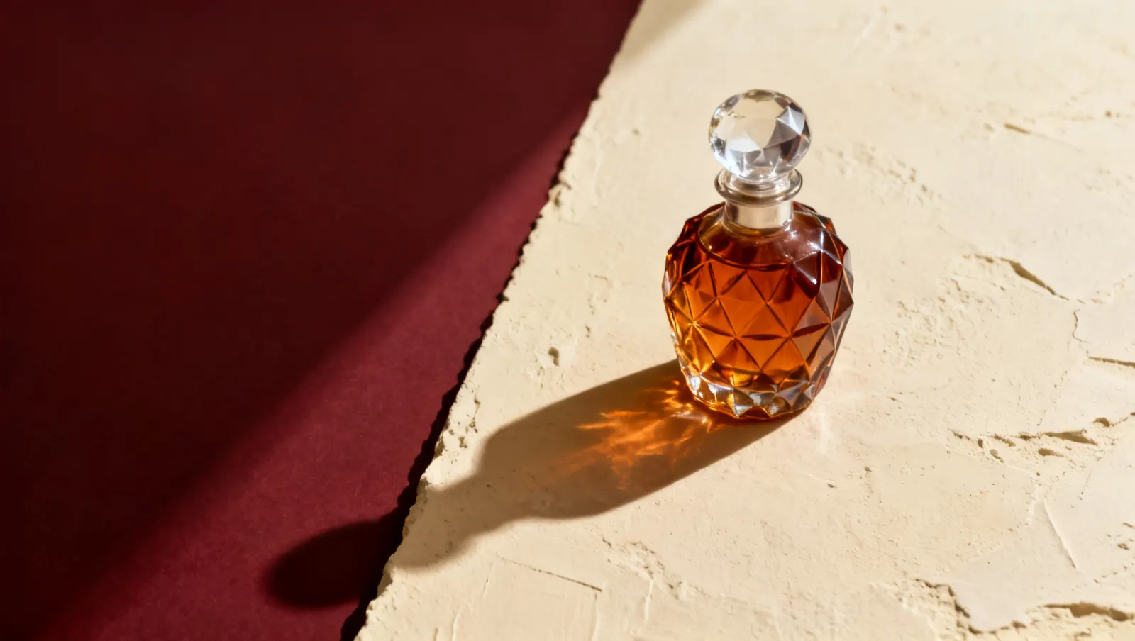 Natureza-morta em luz lateral dura: um frasco de cristal facetado sem rotulo e uma tampa pesada de vidro transparente, sobre fundo vinho e creme