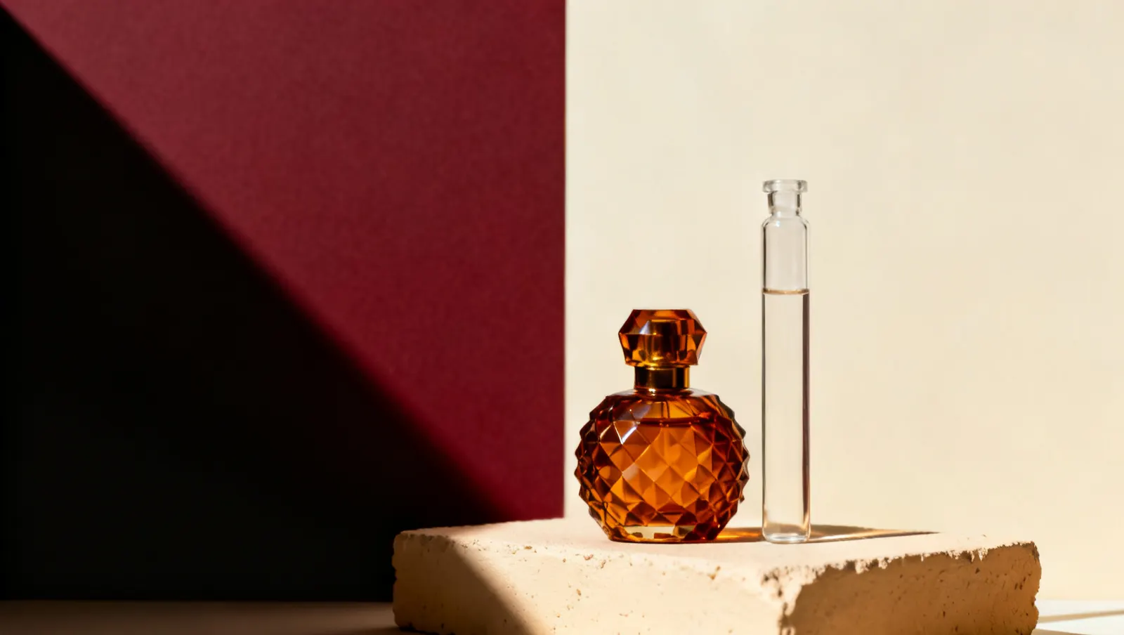Natureza-morta em luz lateral dura: um frasco de cristal facetado sem rotulo e um frasco alto de vidro transparente, sobre fundo vinho e creme