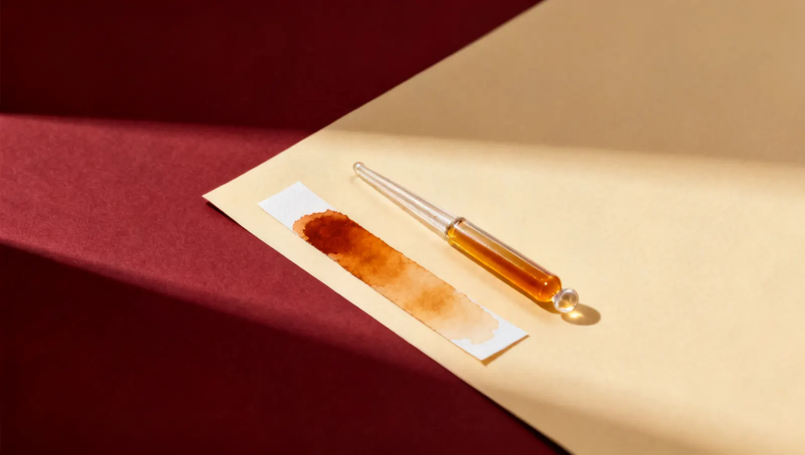 Natureza-morta em luz lateral dura: tiras estreitas de papel, uma manchada de ambar e uma pipeta de vidro lisa, sobre fundo vinho e creme