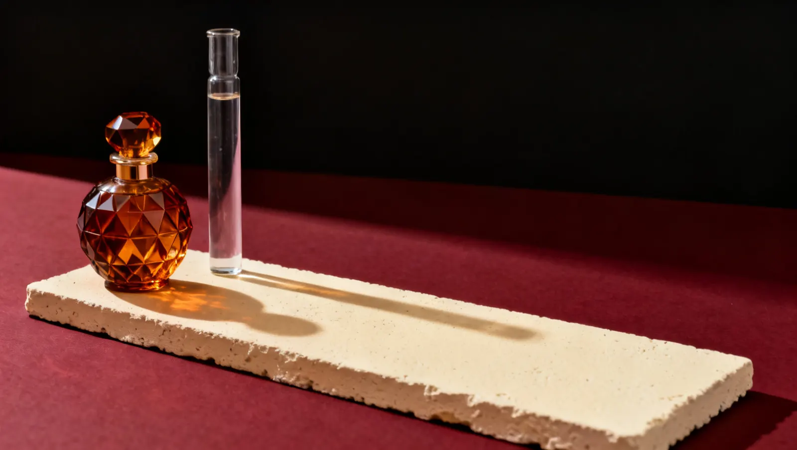 Natureza-morta em luz lateral dura: um frasco de cristal facetado sem rotulo e um frasco alto de vidro transparente, sobre fundo vinho e creme