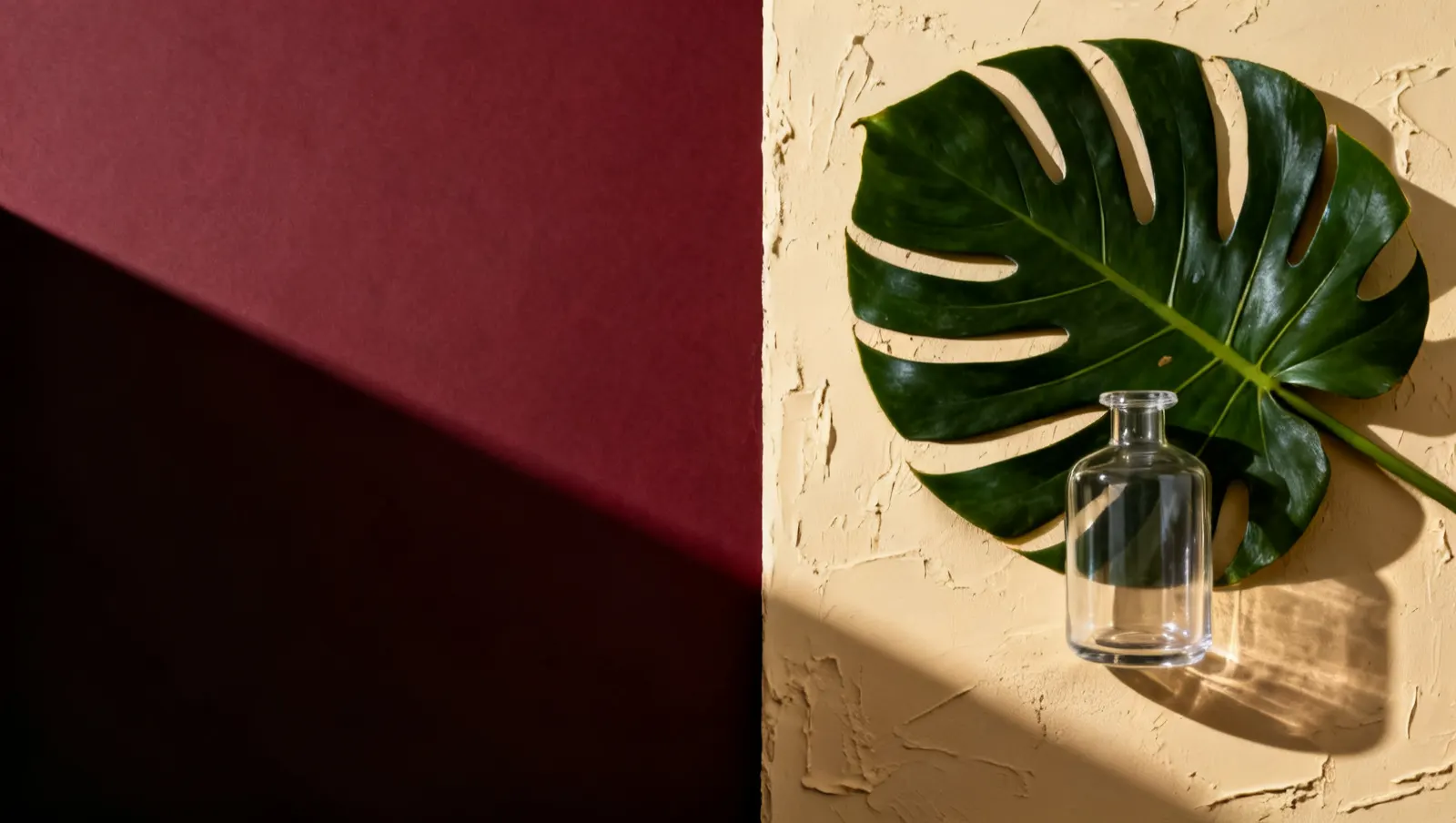 Natureza-morta em luz lateral dura: uma folha tropical grande e um recipiente de vidro sem rotulo, sobre fundo vinho e creme