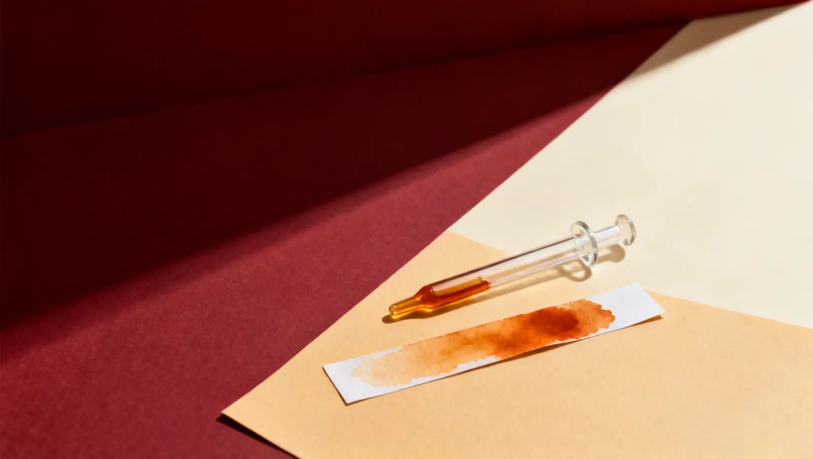 Natureza-morta em luz lateral dura: uma pipeta de vidro lisa e tiras estreitas de papel, uma manchada de ambar, sobre fundo vinho e creme