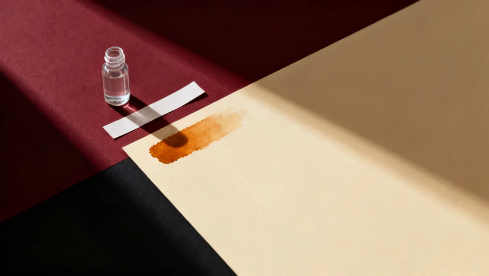 Natureza-morta em luz lateral dura: um frasco pequeno de vidro transparente e tiras estreitas de papel, uma manchada de ambar, sobre fundo vinho e creme