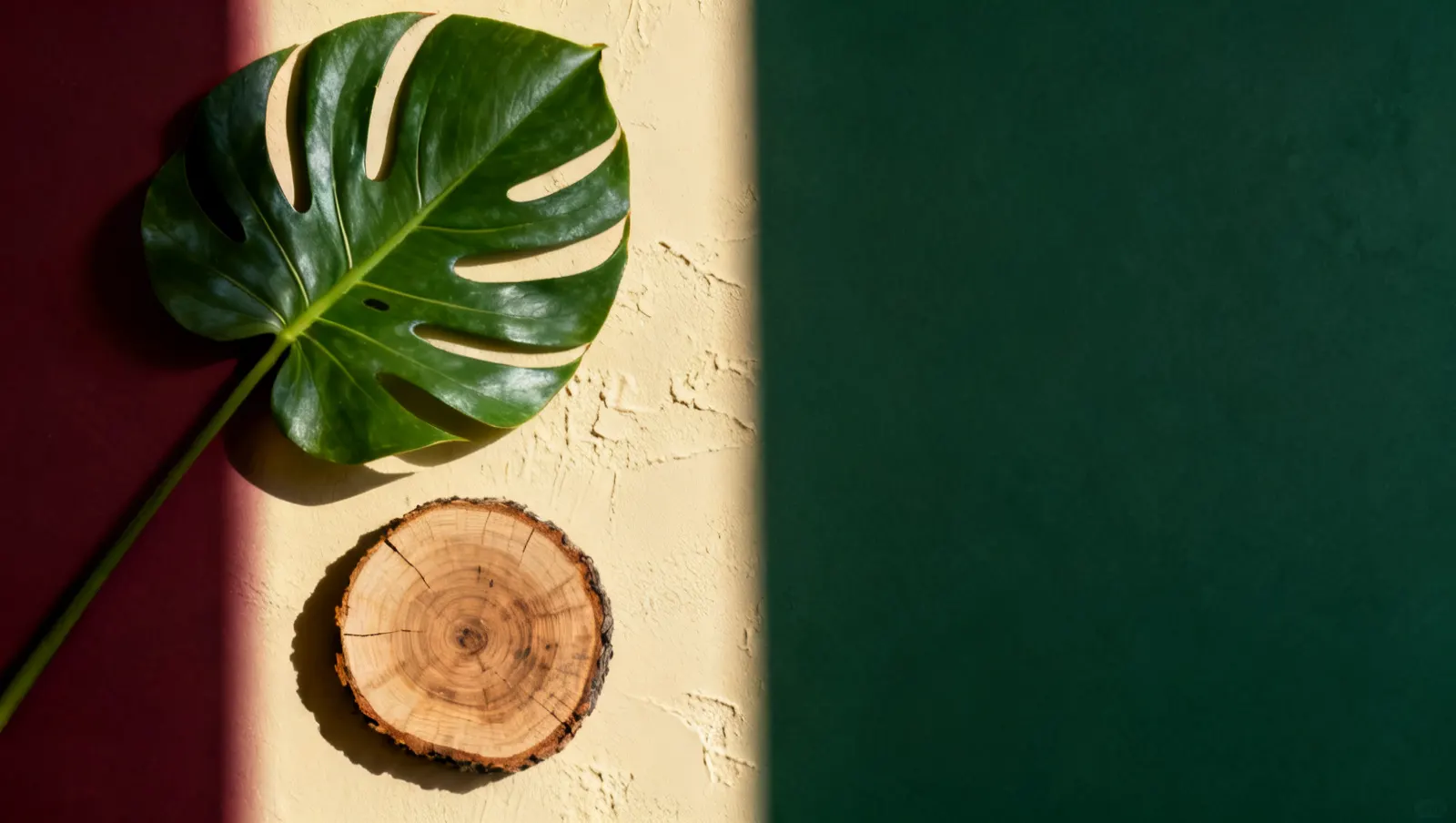 Natureza-morta em luz lateral dura: uma folha tropical grande e um corte de madeira bruta, sobre fundo vinho e creme