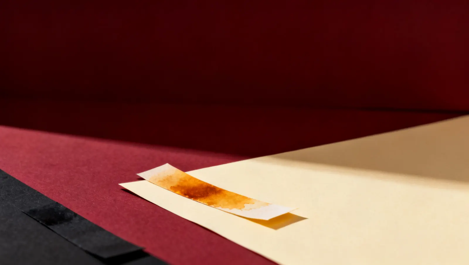Natureza-morta em luz lateral dura: tiras estreitas de papel, uma manchada de ambar, sobre fundo vinho e creme